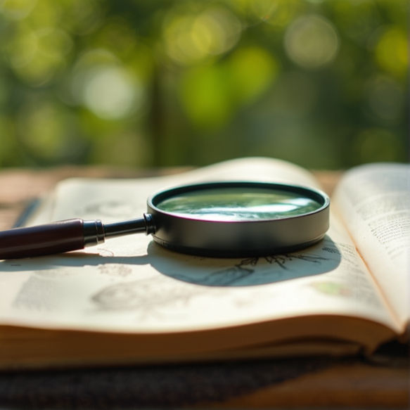 A magnifying glass on an open book outdoors